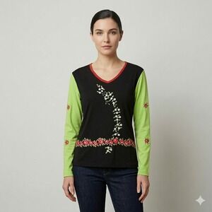 Vtg‎ 90s Y2K Floral Embroidered Colorblock Top Med Cotton Black Lime Green NWOT